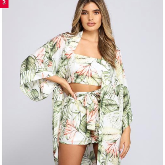 Tropical Print Gauze Kimono with Adjustable Waist – Milk Tea